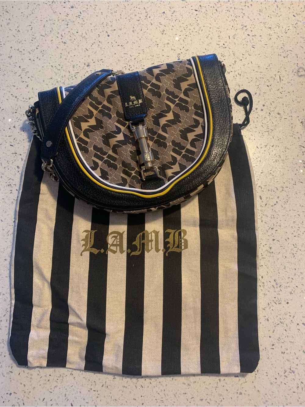 L.A.M.B. Gwen Stefani Textile/Leather Signature Shoulder Bag with Gold Chain